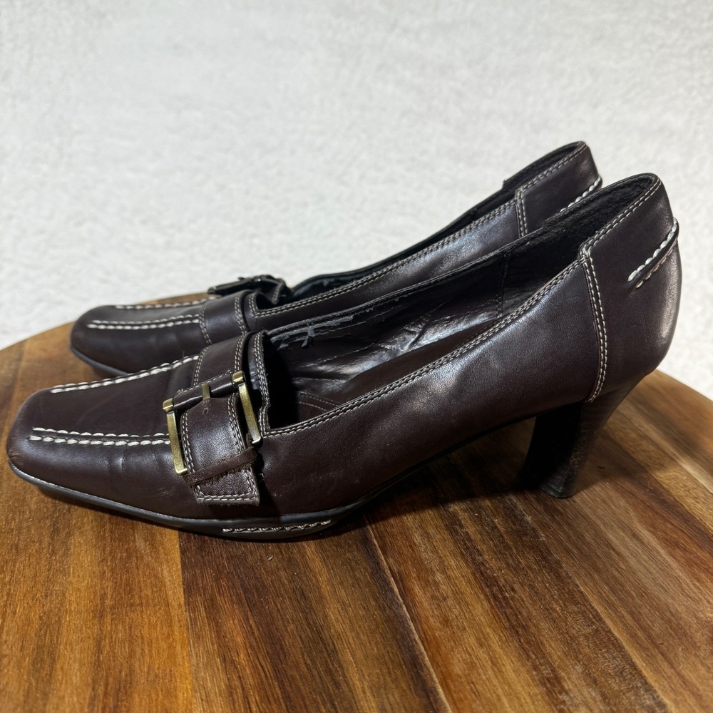 Maripe Brown Leather Square Toe Buckle Pumps Contrast Stitch Block Heel Size 10M